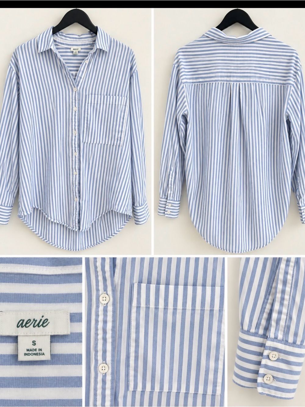 aerie Light Blue and White Striped Button-Down Blouse